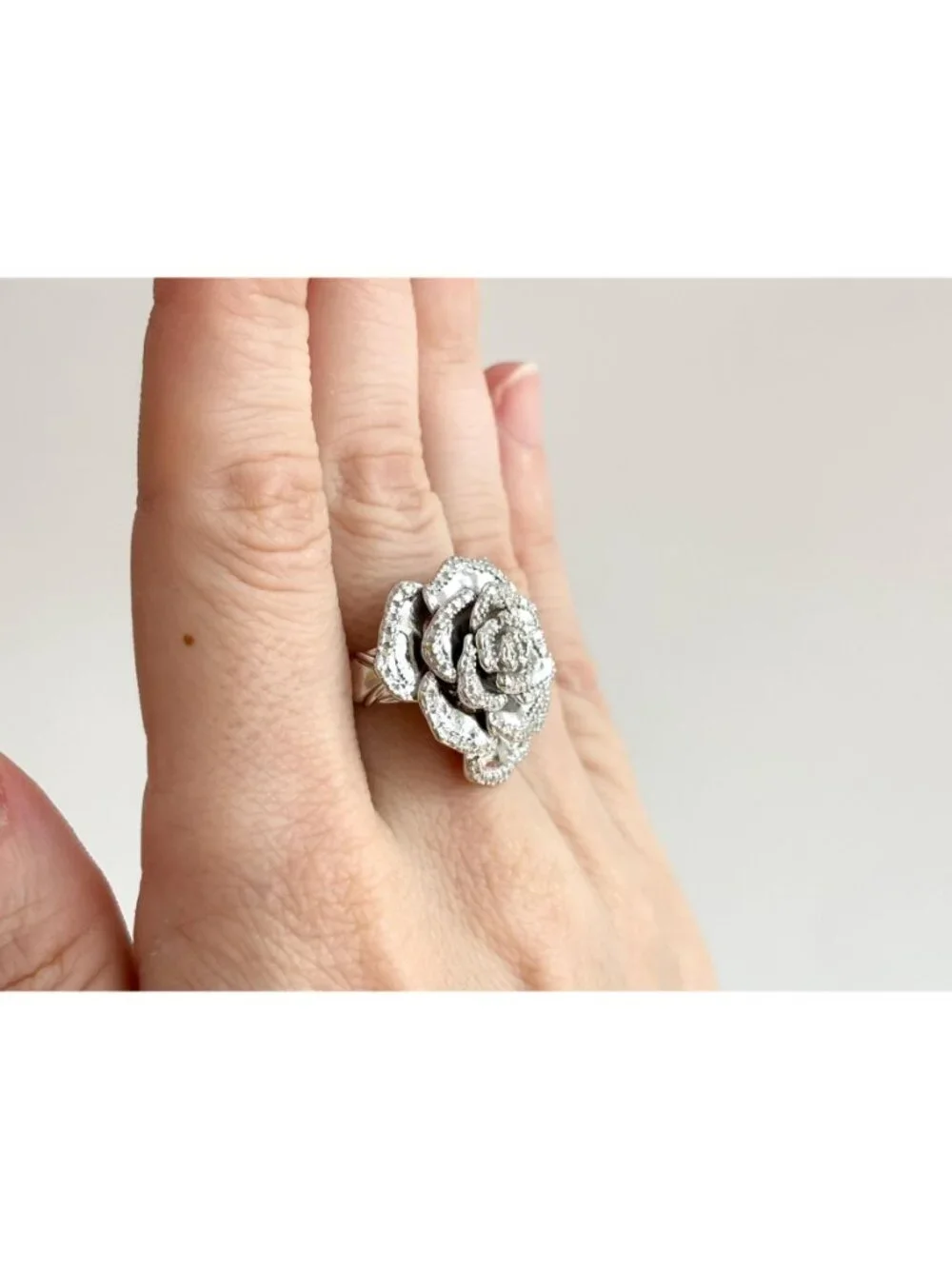 Blooming Rose Floral Textured Jumbo Sterling Silver 925 Vintage Ring - sz 7